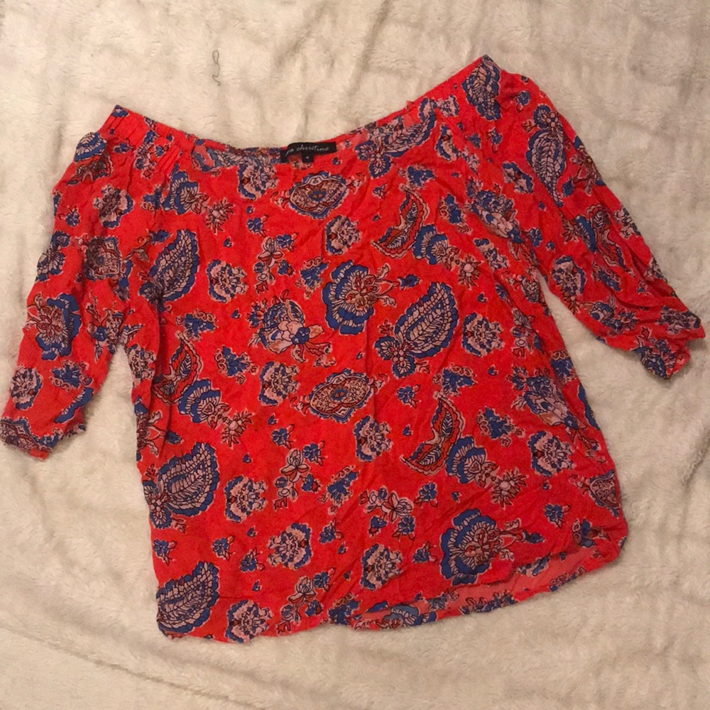 Red off the shoulder patterned top